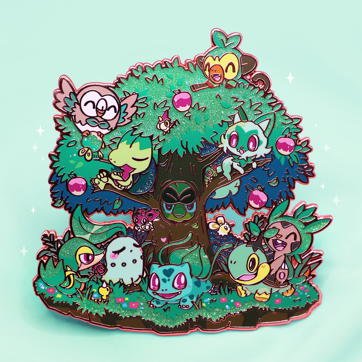 [ROSE GOLD] JUMBO 4" GRASS HABITAT [GRASS TYPE] POKE TREE  ENAMEL PIN